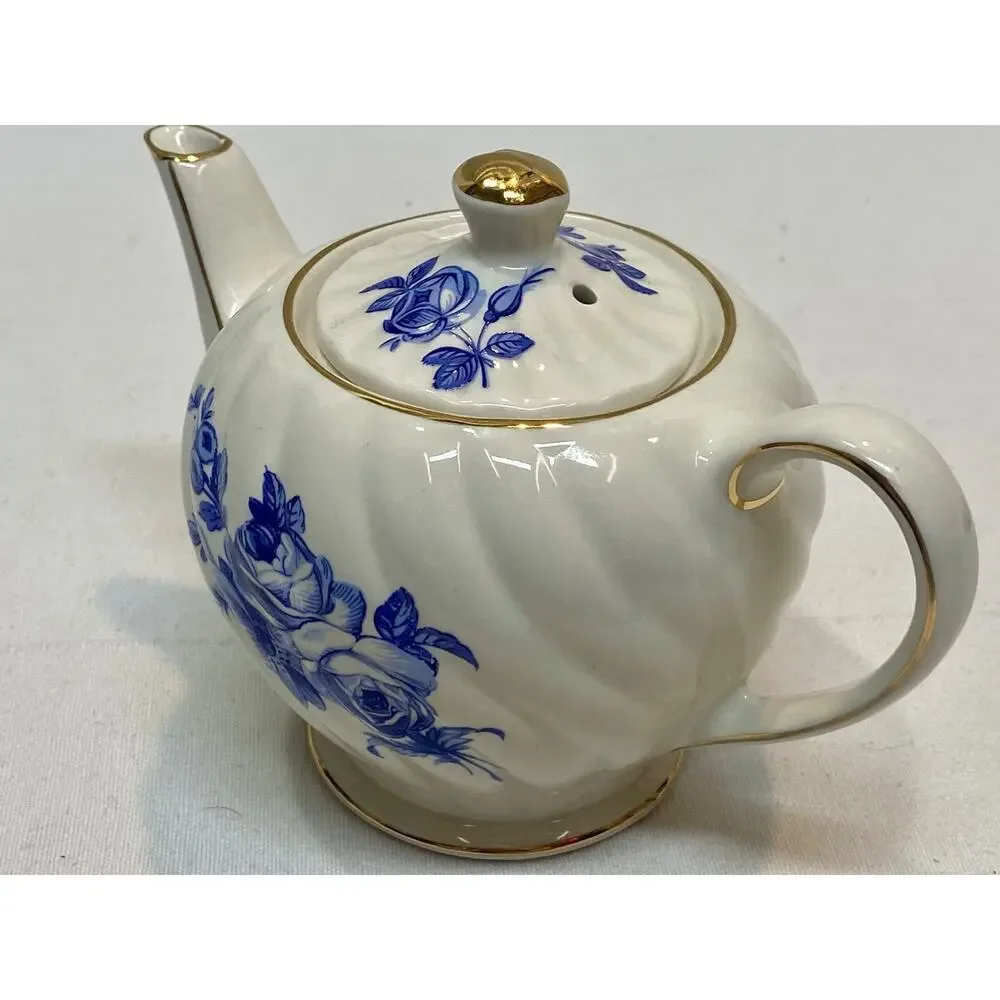 Windsor England Blue White Floral Teapot Individual Size Gold Trim